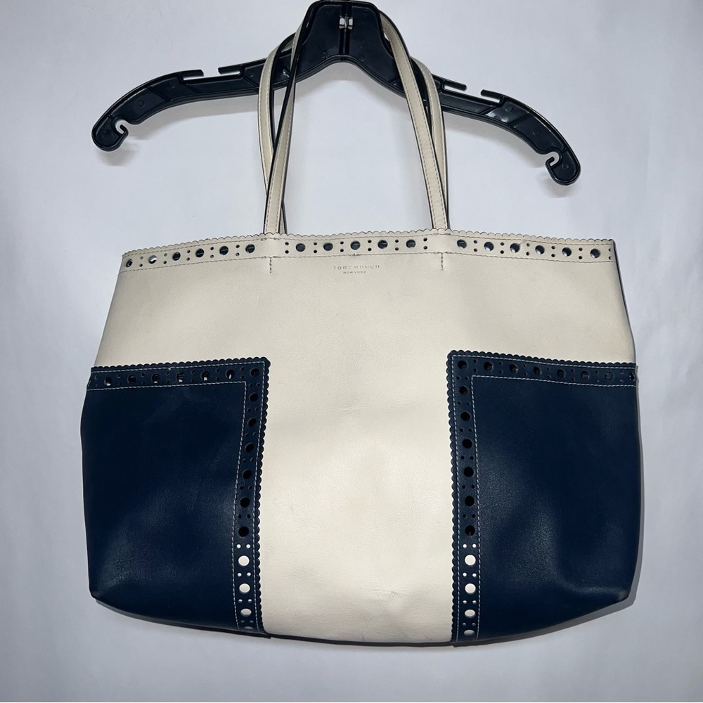 Tory Burch Cream and Navy Perforated Leather Tote